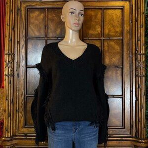 Ann Taylor Black Fringe Wool Blend Vneck Curved Sleeve Sweater Boho Western